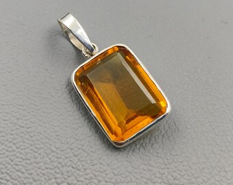 Precious Unique Citrine Pendant, Cushion Cut Bohemian Pendant, Solid Silver Pendant, Handmade Yellow Citrine Pendant For Anniversary Gift