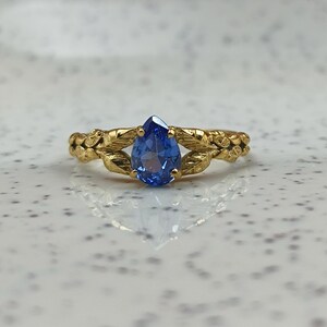 Pear Cut Sapphire 14k Gold Plated Ring, Tear Drop Sapphire Ring, Handmade Ring, Precious Sapphire Ring, Ring For Women, Leaves Band Ring