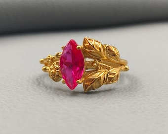 Handmade Pink Ruby Gemstone Ring, 14k Gold Plated Nature Leaf Ring, 925 Sterling Silver Marquise Cut Ring For Anniversary Gift