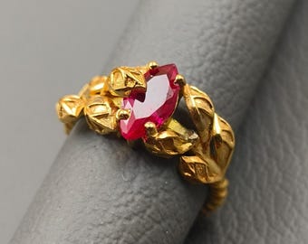 Unique Leaf Band Ruby Ring, 925 Sterling Silver Marquise Cut Gold Plated Ruby Gemstone Ring, Engagement Gift