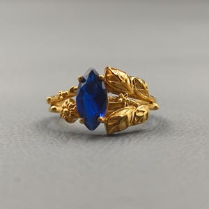 14k Gold Sapphire Leaf Band Nature Ring, 925 Sterling Silver Marquise Cut Gemstone Ring For Women, Christmas Gift