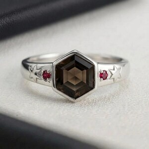 Smoky Quartz 925 Sterling Silver Ring, Hexagon Cut Smoky Quartz Ring For Anniversary Gift