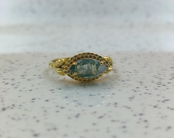 Natural Moss Agate Marquise Ring, Sterling Silver Leaf Band, Nature Inspired Jewelry