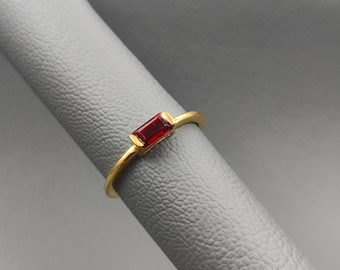 Baguette Red Garnet Ring, 14k Gold Plated Ring Plated Rings, Women Gifts Ring, Minimalist Stacking Ring, 925 Sterling Silver Ring