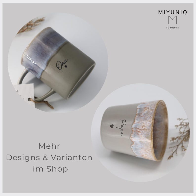 May include: Two ceramic mugs with a two-tone design. One mug is gray with a blue-purple top and the word "Oma" printed on it. The other mug is gray with a white and gold top and the word "Papa" printed on it. The mugs are part of the "Miyuniq" collection.