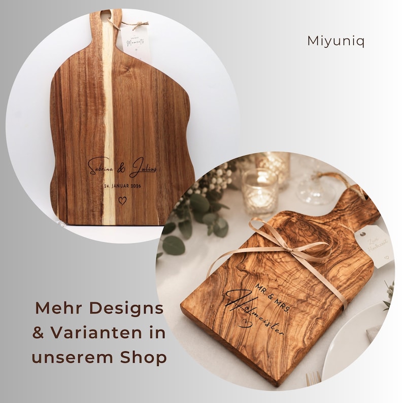 May include: Two wooden serving boards with handles. One board features the engraved text 'Sabrina & Julius 24. JANUAR 2026' with a heart. The other board is tied with a ribbon and engraved with 'MR. & MRS. Hofmeister' and a heart symbol.