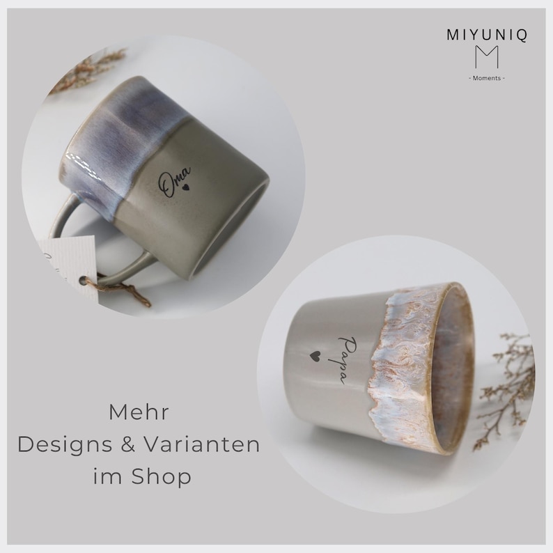 May include: Two ceramic mugs with a two-tone design. One mug is gray with a blue-purple top and the word "Oma" printed on it. The other mug is gray with a white and gold top and the word "Papa" printed on it. The mugs are part of the "Miyuniq" collection.