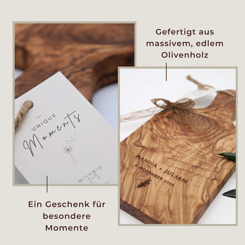 May include: A rectangular olive wood serving board with a handle, engraved with the names HANNA + JULIAN and the date 8 NOVEMBER 2025. A white tag attached with twine features the text for UNIQUE MOMENTS and a dandelion graphic illustration.