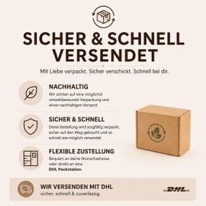 May include: A brown cardboard shipping box with a circular green leaf icon on the front. The image contains text in German regarding shipping, including the phrases SICHER & SCHNELL VERSENDET, NACHHALTIG, SICHER & SCHNELL, FLEXIBLE ZUSTELLUNG, and DHL.