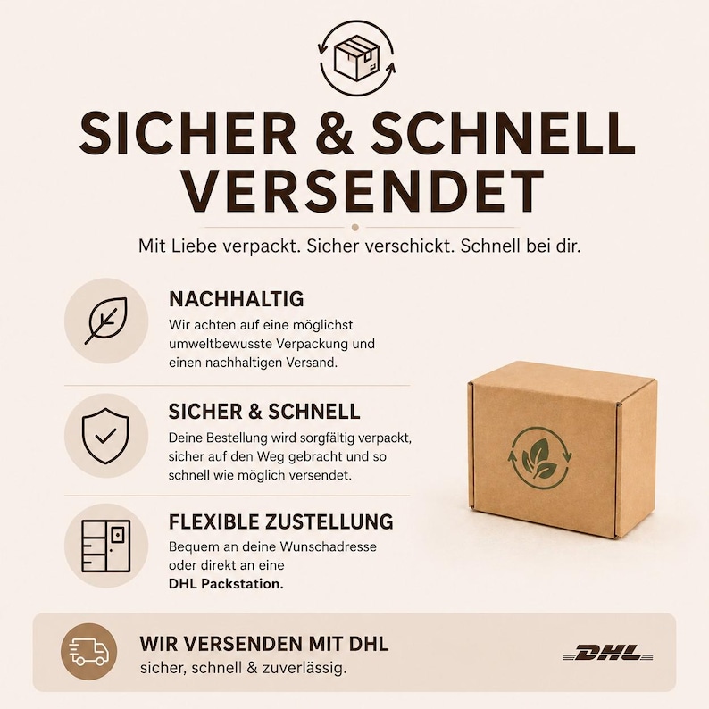 May include: A brown cardboard shipping box with a circular green leaf icon on the front. The image contains text in German regarding shipping, including the phrases SICHER & SCHNELL VERSENDET, NACHHALTIG, SICHER & SCHNELL, FLEXIBLE ZUSTELLUNG, and DHL.