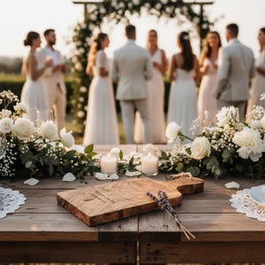 May include: A rectangular wooden serving board with a handle, featuring the engraved text "ALINA + JULIAN" and a small leaf icon. The board is placed on a rustic wooden table, decorated with white roses, greenery, and two lit candles.
