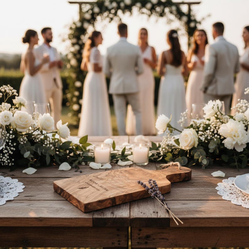 May include: A rectangular wooden serving board with a handle, featuring the engraved text "ALINA + JULIAN" and a small leaf icon. The board is placed on a rustic wooden table, decorated with white roses, greenery, and two lit candles.