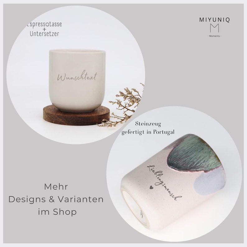 May include: A light beige ceramic espresso cup with the text Wunschtext printed on the side, resting on a circular dark brown wooden coaster. A second cup features a speckled beige finish with a green and blue abstract design and text.
