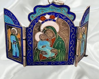 Vintage Virgin Mary 19th century Russian Silver traveling folding mini ICON