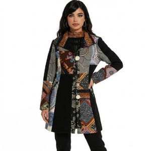 May include: A patchwork coat featuring a mix of patterns and colors, including floral, geometric, and abstract designs. The coat has a black base with colorful panels, long sleeves, and large white buttons. The collar and cuffs have a decorative trim.