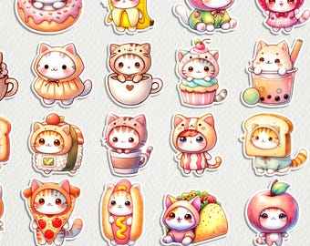 May include: A collection of colorful stickers featuring adorable chibi cats dressed in various food costumes. The stickers include cats in outfits like a banana, avocado, and cupcake. The text "CHIBI CATS IN FOOD COSTUME STICKERS BUNDLE" is at the bottom.
