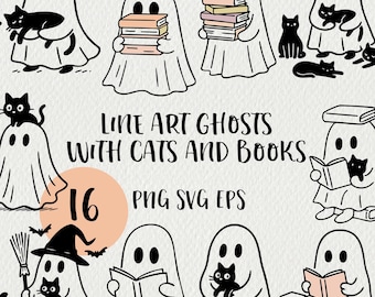 Clipart de Halloween: Fantasmas, gatos y libros - Arte lineal PNG SVG EPS