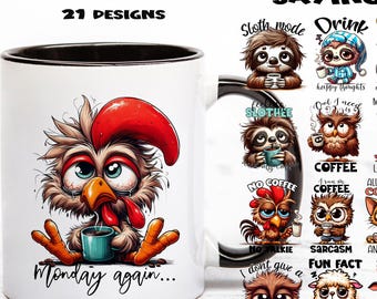 Funny Coffee Mug Animal Clipart Bundle | Sublimation PNG (Digital Download)