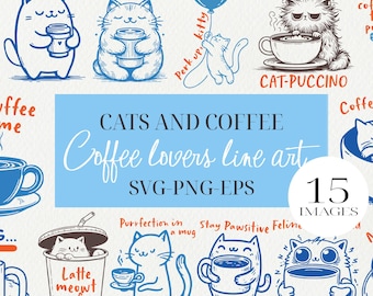 Cat and Coffee doodle clipartbundel: SVG, PNG, EPS