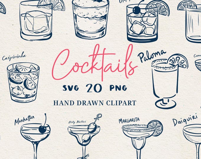 Cocktail Line Art Bundle | 20 Hand Drawn Drinks SVG PNG EPS - Etsy