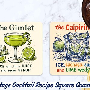 May include: Square coasters with vintage cocktail recipes. One coaster features a Gimlet with ice, gin, lime juice, and sugar syrup. The other coaster shows a Caipirinha with ice, cacha&ccedil;a, sugar, and lime wedges. Each coaster is 4x4 inches.