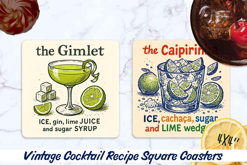May include: Square coasters with vintage cocktail recipes. One coaster features a Gimlet with ice, gin, lime juice, and sugar syrup. The other coaster shows a Caipirinha with ice, cacha&ccedil;a, sugar, and lime wedges. Each coaster is 4x4 inches.