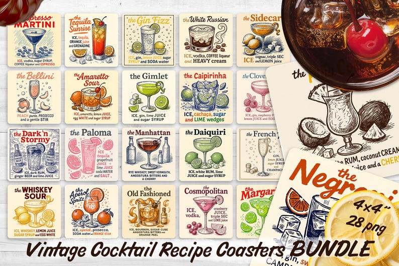 May include: A collection of vintage cocktail recipe coasters, each featuring a different classic drink like the Martini, Margarita, and Old Fashioned. The coasters are square, with detailed illustrations and text.