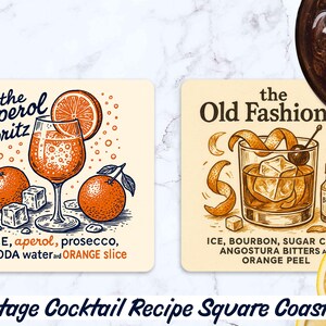 May include: Square coasters with vintage cocktail recipes. One features an Aperol Spritz with oranges and ice, the other an Old Fashioned with bourbon and bitters. Each coaster is 4x4 inches and has recipe ingredients listed.