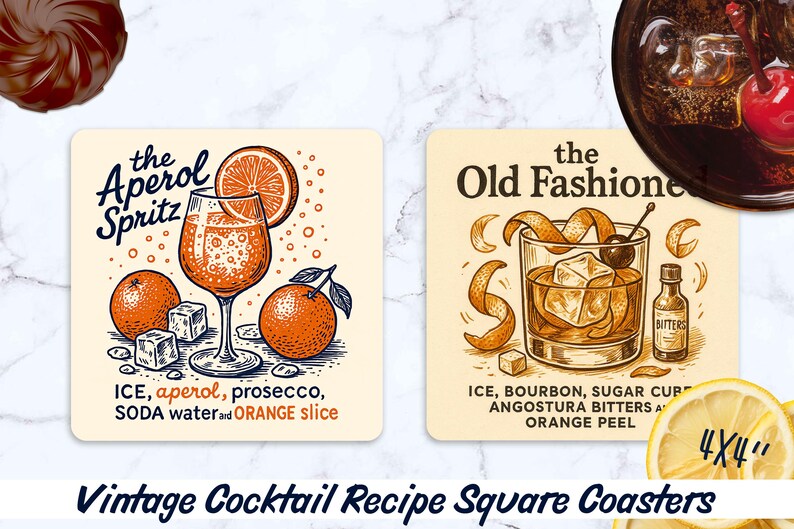 May include: Square coasters with vintage cocktail recipes. One features an Aperol Spritz with oranges and ice, the other an Old Fashioned with bourbon and bitters. Each coaster is 4x4 inches and has recipe ingredients listed.