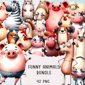 Funny Quirky Animals Clipart Bundle | Farm Animal Sublimation PNG | Cute Cow Pig Sheep Dog Cat Cartoon Stickers | 42 PNG