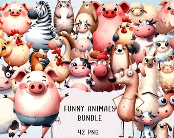 Funny Farm Animals Clipart Bundle | Quirky Cartoon PNG Stickers (42 Files)