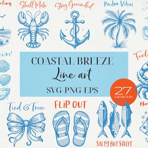 Könnte beinhalten: Küstenthemen-Strichzeichnungen in Blau und Orange. Das Bild enthält Illustrationen von Surfbrett, Hummer, Anker, Palme, Muscheln, Austern, Krabbe, Flamingo, Schleife, Flip-Flops, Fisch und Text mit "Coastal Breeze Line art" und "27 Designs".