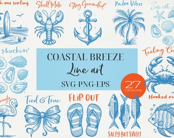 Pacchetto SVG di linee costiere / Clipart di spiaggia e oceano con frasi estive / PNG nautici