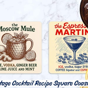 May include: Square coasters with vintage cocktail recipes. One coaster features a Moscow Mule with ingredients listed. The other coaster displays an Espresso Martini. Each coaster is 4x4 inches.