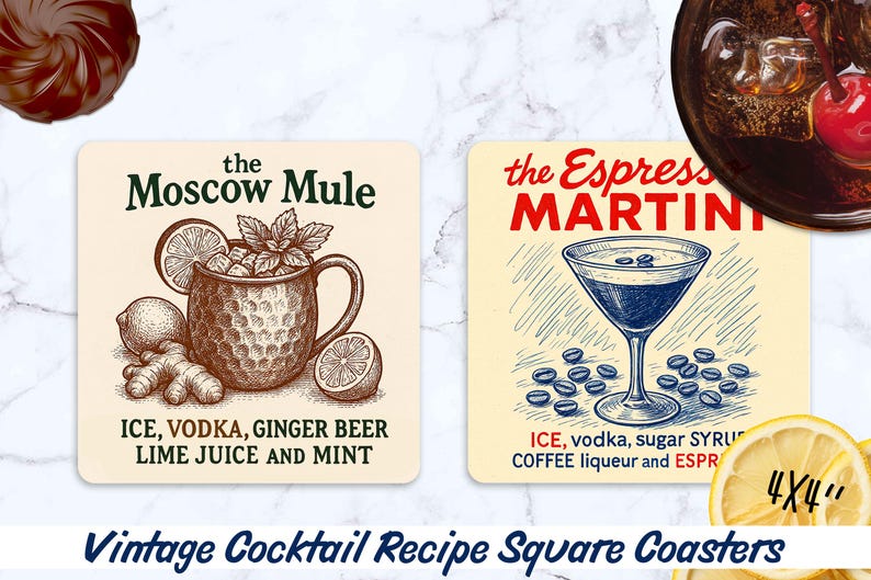May include: Square coasters with vintage cocktail recipes. One coaster features a Moscow Mule with ingredients listed. The other coaster displays an Espresso Martini. Each coaster is 4x4 inches.
