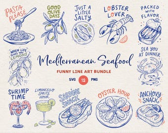 May include: A digital collection of Mediterranean seafood line art illustrations featuring text like Pasta Please, Good Olive Days, Just A Little Salty, Lobster Lover, Packed With Flavor, When Life Gives You Lemons, Sea You At Dinner, Shrimp Time, Limoncello Spritz Hour, Sardine Snack, Oyster Hour, and Anchovy Snack.