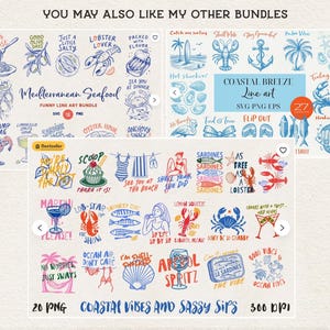 May include: A collection of digital art bundles with a coastal theme. The designs include illustrations of seafood, cocktails, and beach-related imagery. Text includes "Mediterranean Seafood," "Coastal Breeze," and "Coastal Vibes and Sassy Sips."