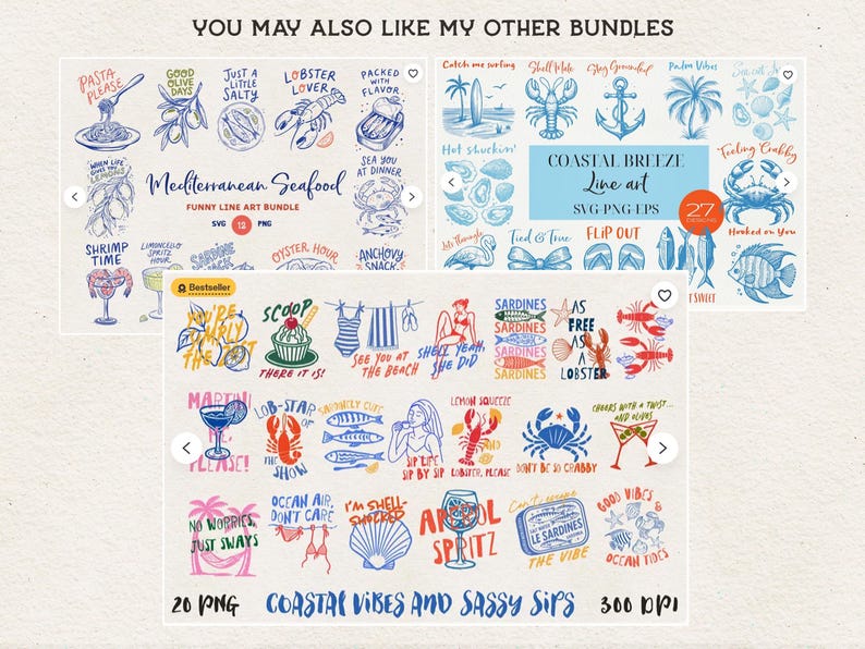 May include: A collection of digital art bundles with a coastal theme. The designs include illustrations of seafood, cocktails, and beach-related imagery. Text includes "Mediterranean Seafood," "Coastal Breeze," and "Coastal Vibes and Sassy Sips."