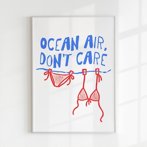 Pu&ograve; includere: Una stampa artistica incorniciata con il testo blu "OCEAN AIR, DON'T CARE" sopra una linea orizzontale blu. Due pezzi di bikini rossi sono appesi alla linea con delle mollette, raffigurati in un semplice stile a linee su sfondo bianco.