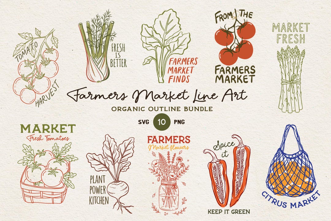 Farmers Market Line Art Bundle: Organic Vegetables, Fruits, Floral (SVG ...