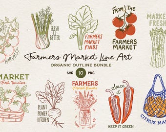 May include: A collection of hand-drawn illustrations with a farmers market theme. The images include tomatoes, asparagus, beets, peppers, and a reusable shopping bag. Text includes "Farmers Market Line Art" and "Organic Outline Bundle".