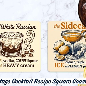 May include: Square coasters with vintage cocktail recipes. One coaster features a White Russian with ice, vodka, coffee liqueur, and heavy cream. The other shows a Sidecar with cognac, triple sec, and lemon juice. Each coaster is 4x4 inches.