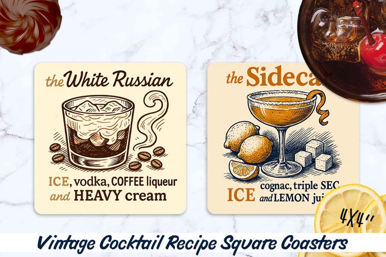 May include: Square coasters with vintage cocktail recipes. One coaster features a White Russian with ice, vodka, coffee liqueur, and heavy cream. The other shows a Sidecar with cognac, triple sec, and lemon juice. Each coaster is 4x4 inches.