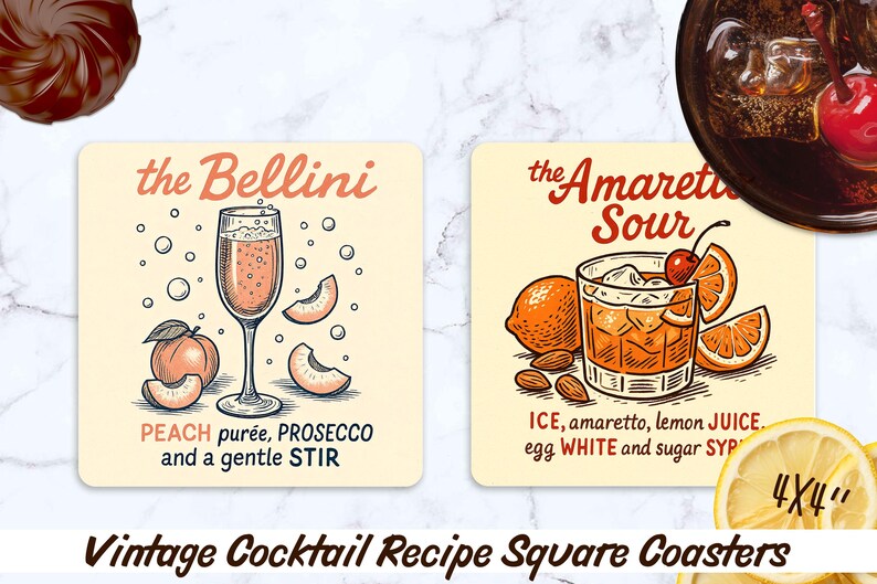 May include: Square coasters with vintage cocktail recipes. One coaster features a Bellini with peach pur&eacute;e and Prosecco. The other coaster shows an Amaretto Sour with ice, amaretto, lemon juice, egg white, and sugar syrup. The coasters are 4x4 inches.