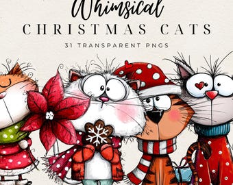 Christmas Cats PNG Bundle | Whimsical Holiday Kitty Clipart | Festive Winter Cat Illustrations.