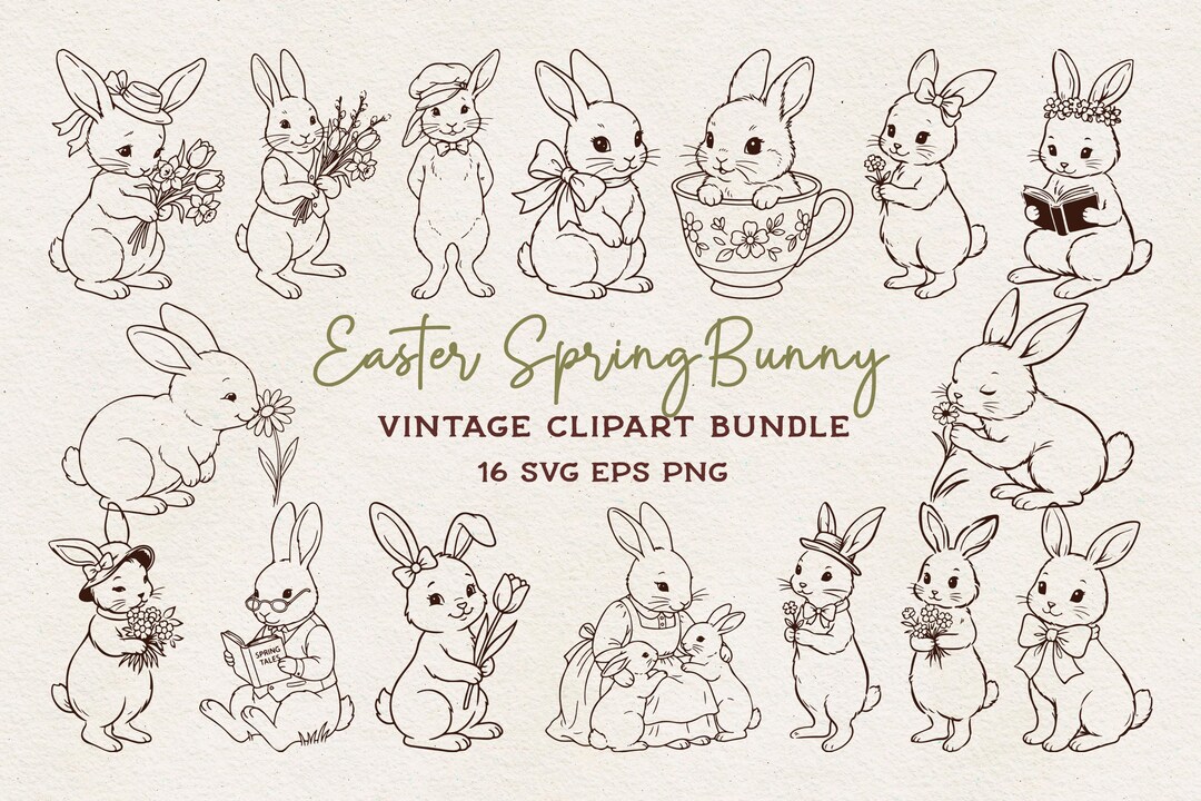 Easter Spring Bunny Clipart Bundle | Vintage Rabbit Illustrations | SVG ...