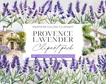 Clipart de lavanda provenzal PNG / Flores de acuarela de la campiña francesa / Descarga digital floral de boda rústica