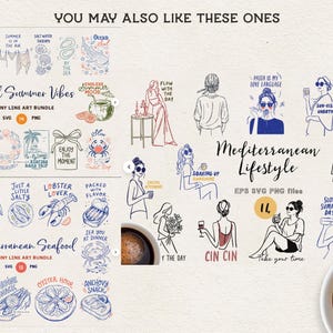 Pu&ograve; includere: Una collezione digitale di illustrazioni a tratto con temi costieri, stile di vita mediterraneo e frutti di mare. Le grafiche includono varie persone, cibi ed elementi testuali come Coastal Summer Vibes e Mediterranean Seafood in inchiostro blu e nero.