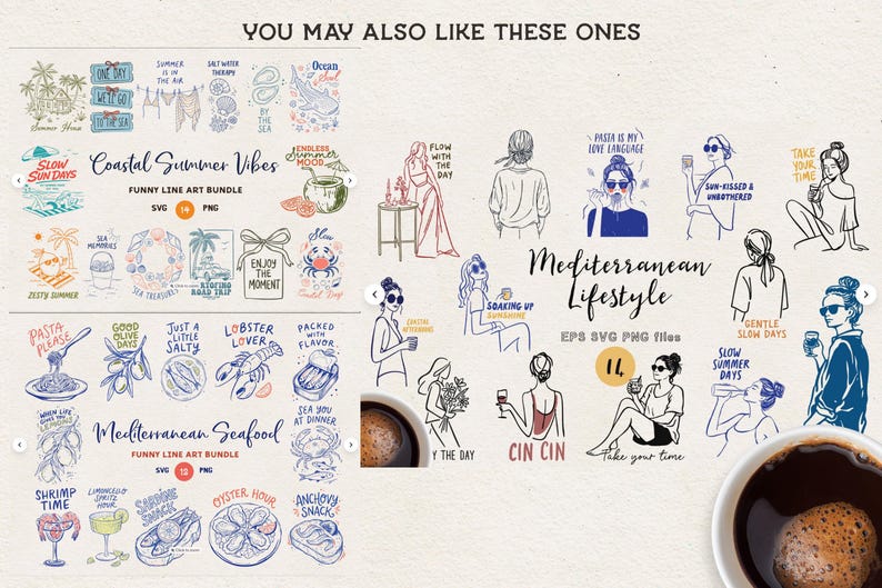 Pu&ograve; includere: Una collezione digitale di illustrazioni a tratto con temi costieri, stile di vita mediterraneo e frutti di mare. Le grafiche includono varie persone, cibi ed elementi testuali come Coastal Summer Vibes e Mediterranean Seafood in inchiostro blu e nero.