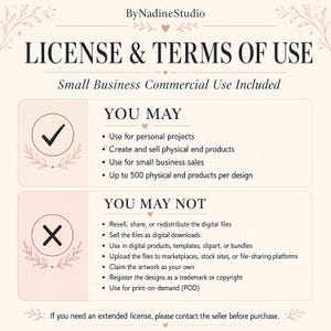 Pu&ograve; includere: Un grafico informativo beige intitolato LICENSE & TERMS OF USE di ByNadineStudio. Descrive le autorizzazioni per l'uso commerciale da parte di piccole imprese, elencando le attivit&agrave; consentite come progetti personali e la vendita di prodotti.